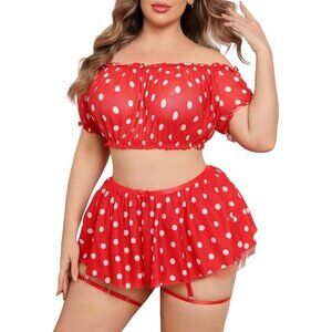 Plus Size Mesh Garter Lingerie Set Ruffle Mini Skirt 3 Piece for Hot Nights